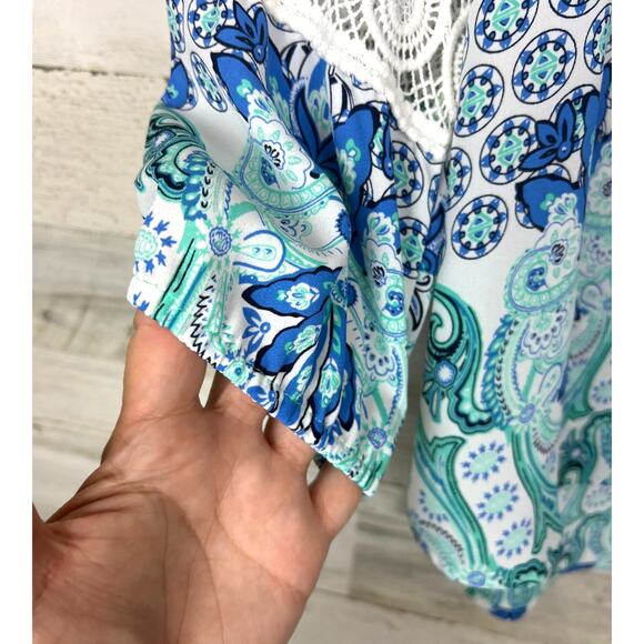 Cato Women’s M Blue White Lace Lightweight Long Sleeve Boho Blouse Top - Picture 5 of 6